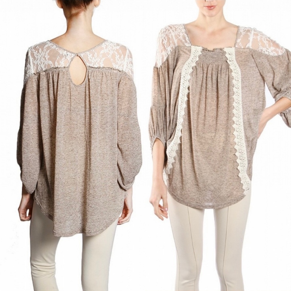 Last One❗️Ryu Handmade Long Sleeve Top Lace Detail. Color:Cream/Brown/Off White